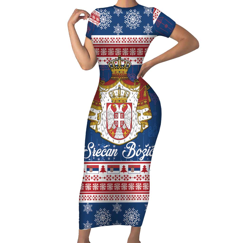 Serbia Christmas Short Sleeve Bodycon Dress Coat Of Arms Srecan Bozic - Wonder Print Shop
