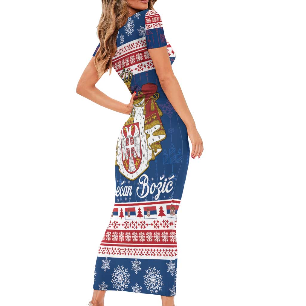 Serbia Christmas Short Sleeve Bodycon Dress Coat Of Arms Srecan Bozic - Wonder Print Shop