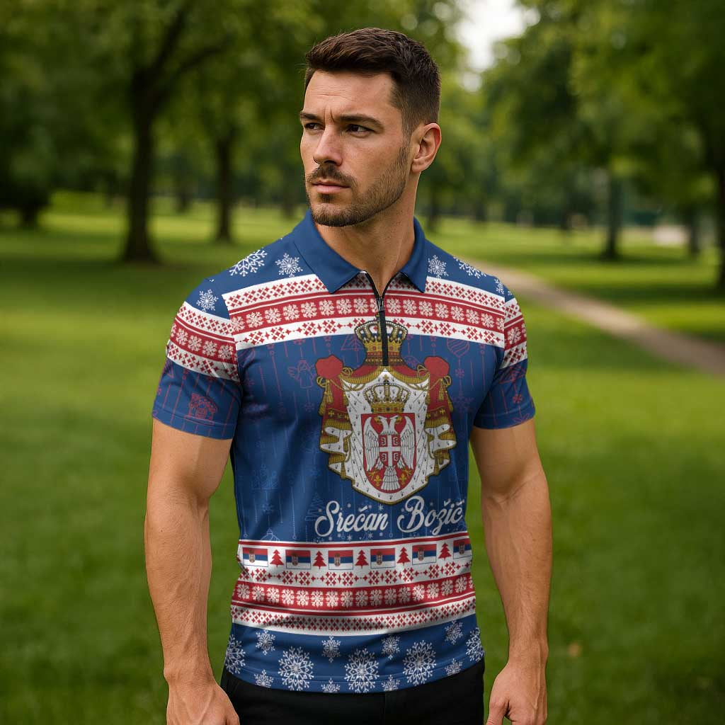 Serbia Christmas Zipper Polo Shirt Coat Of Arms Srecan Bozic - Wonder Print Shop