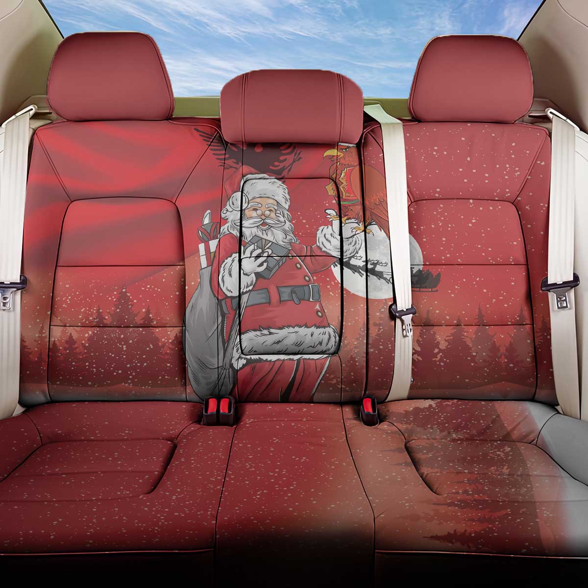 Albania Santa Christmas Back Car Seat Cover Christmas Albanian Eagle Flag Style - Wonder Print Shop