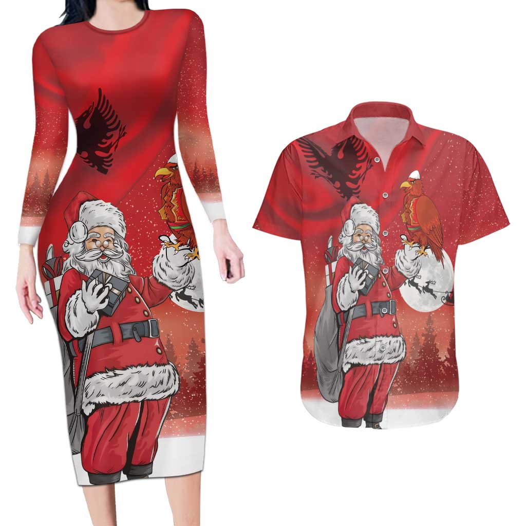 Albania Santa Christmas Couples Matching Long Sleeve Bodycon Dress and Hawaiian Shirt Christmas Albanian Eagle Flag Style - Wonder Print Shop