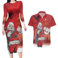 Albania Santa Christmas Couples Matching Long Sleeve Bodycon Dress and Hawaiian Shirt Christmas Albanian Eagle Flag Style - Wonder Print Shop