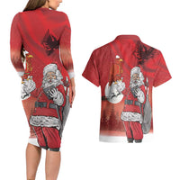 Albania Santa Christmas Couples Matching Long Sleeve Bodycon Dress and Hawaiian Shirt Christmas Albanian Eagle Flag Style - Wonder Print Shop