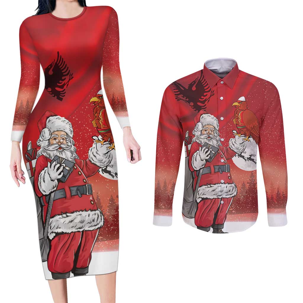Albania Santa Christmas Couples Matching Long Sleeve Bodycon Dress and Long Sleeve Button Shirt Christmas Albanian Eagle Flag Style - Wonder Print Shop