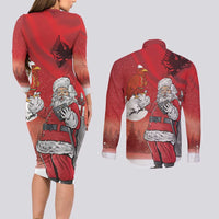 Albania Santa Christmas Couples Matching Long Sleeve Bodycon Dress and Long Sleeve Button Shirt Christmas Albanian Eagle Flag Style - Wonder Print Shop