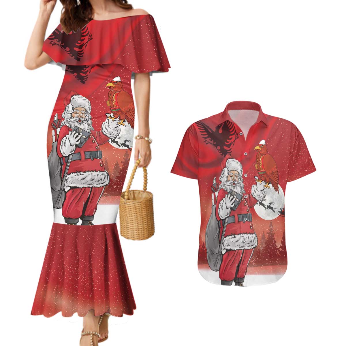 Albania Santa Christmas Couples Matching Mermaid Dress and Hawaiian Shirt Christmas Albanian Eagle Flag Style - Wonder Print Shop