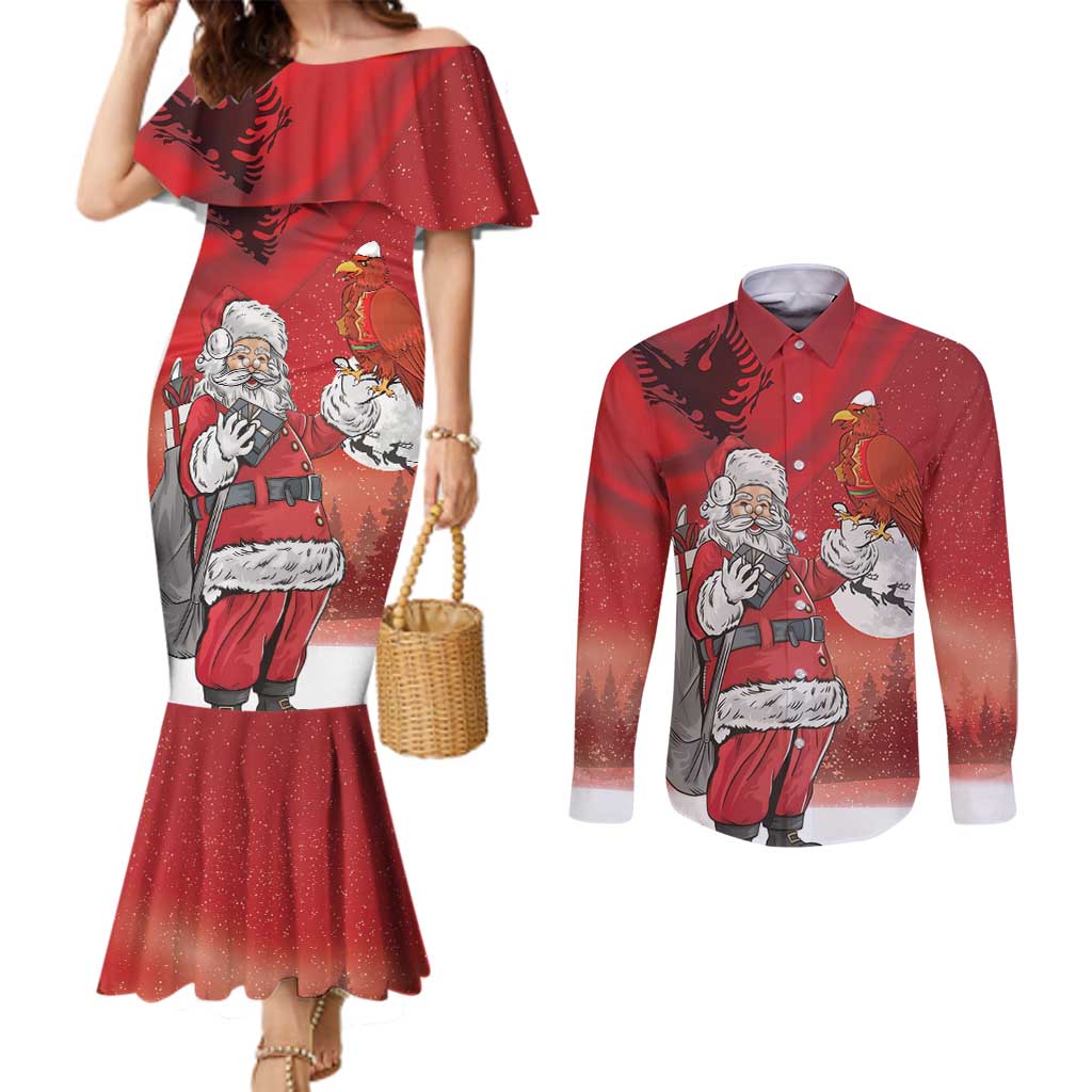 Albania Santa Christmas Couples Matching Mermaid Dress and Long Sleeve Button Shirt Christmas Albanian Eagle Flag Style - Wonder Print Shop