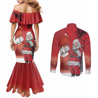 Albania Santa Christmas Couples Matching Mermaid Dress and Long Sleeve Button Shirt Christmas Albanian Eagle Flag Style - Wonder Print Shop
