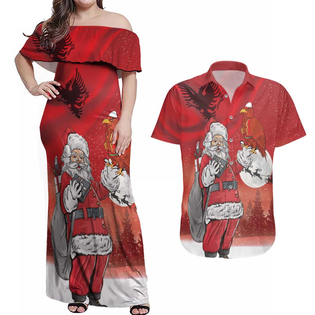 Albania Santa Christmas Couples Matching Off Shoulder Maxi Dress and Hawaiian Shirt Christmas Albanian Eagle Flag Style - Wonder Print Shop