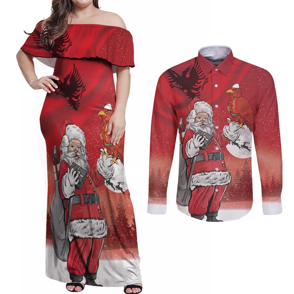Albania Santa Christmas Couples Matching Off Shoulder Maxi Dress and Long Sleeve Button Shirt Christmas Albanian Eagle Flag Style - Wonder Print Shop