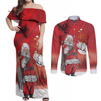 Albania Santa Christmas Couples Matching Off Shoulder Maxi Dress and Long Sleeve Button Shirt Christmas Albanian Eagle Flag Style - Wonder Print Shop