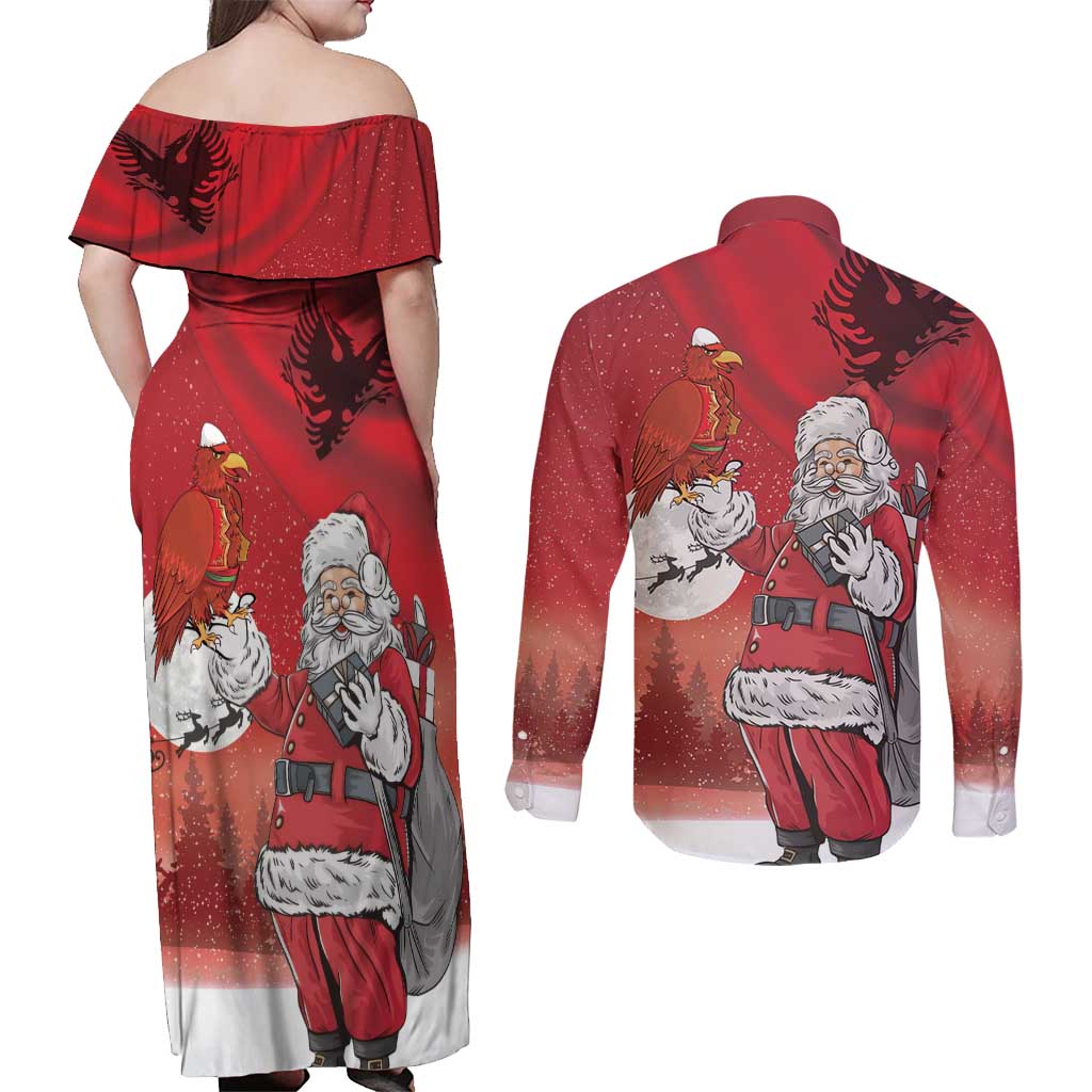 Albania Santa Christmas Couples Matching Off Shoulder Maxi Dress and Long Sleeve Button Shirt Christmas Albanian Eagle Flag Style - Wonder Print Shop