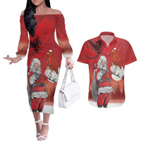 Albania Santa Christmas Couples Matching Off The Shoulder Long Sleeve Dress and Hawaiian Shirt Christmas Albanian Eagle Flag Style - Wonder Print Shop