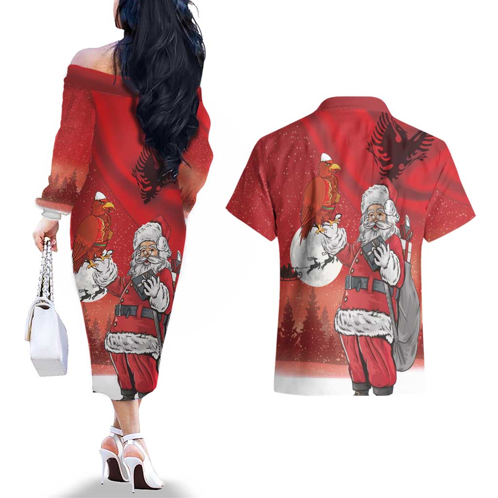 Albania Santa Christmas Couples Matching Off The Shoulder Long Sleeve Dress and Hawaiian Shirt Christmas Albanian Eagle Flag Style - Wonder Print Shop