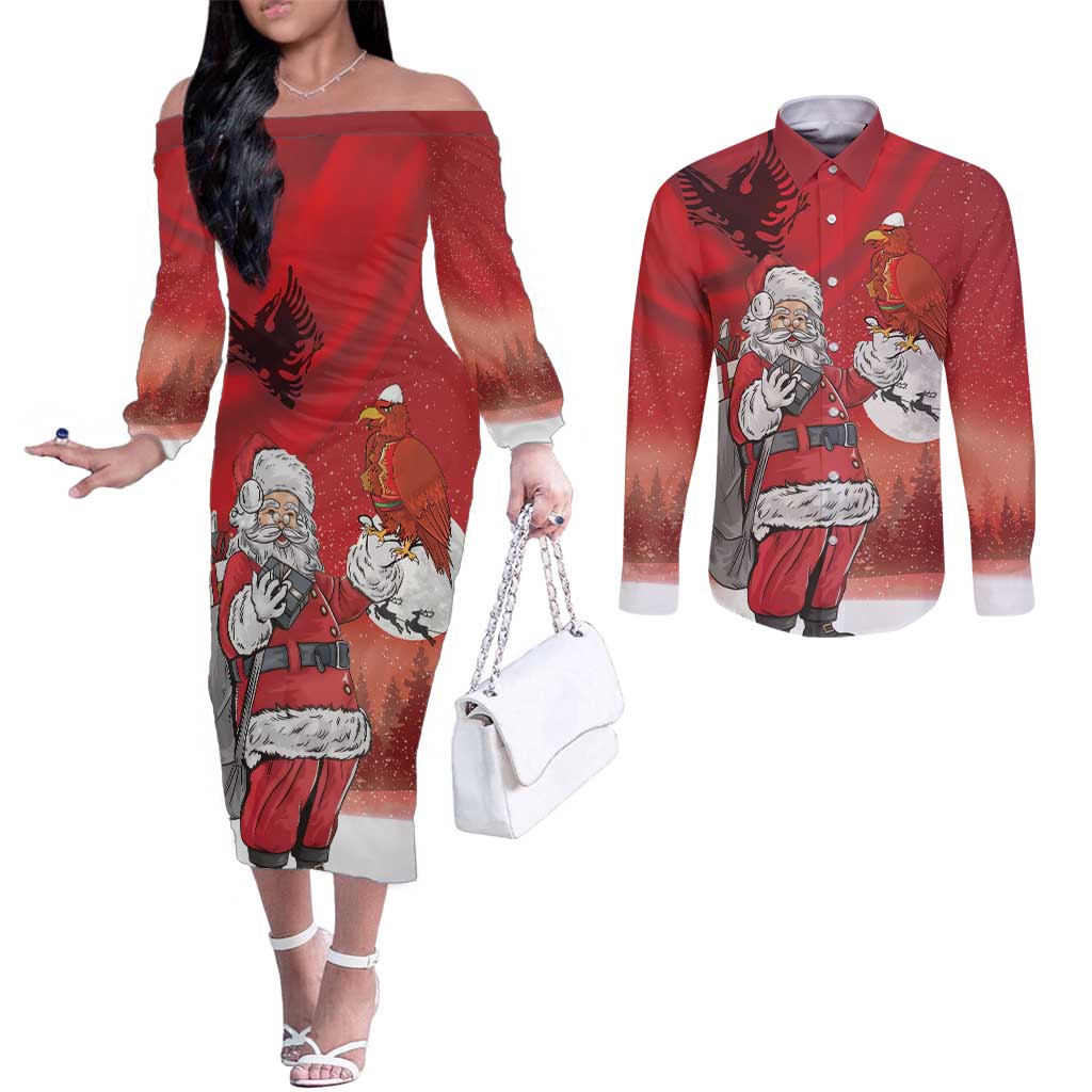 Albania Santa Christmas Couples Matching Off The Shoulder Long Sleeve Dress and Long Sleeve Button Shirt Christmas Albanian Eagle Flag Style - Wonder Print Shop