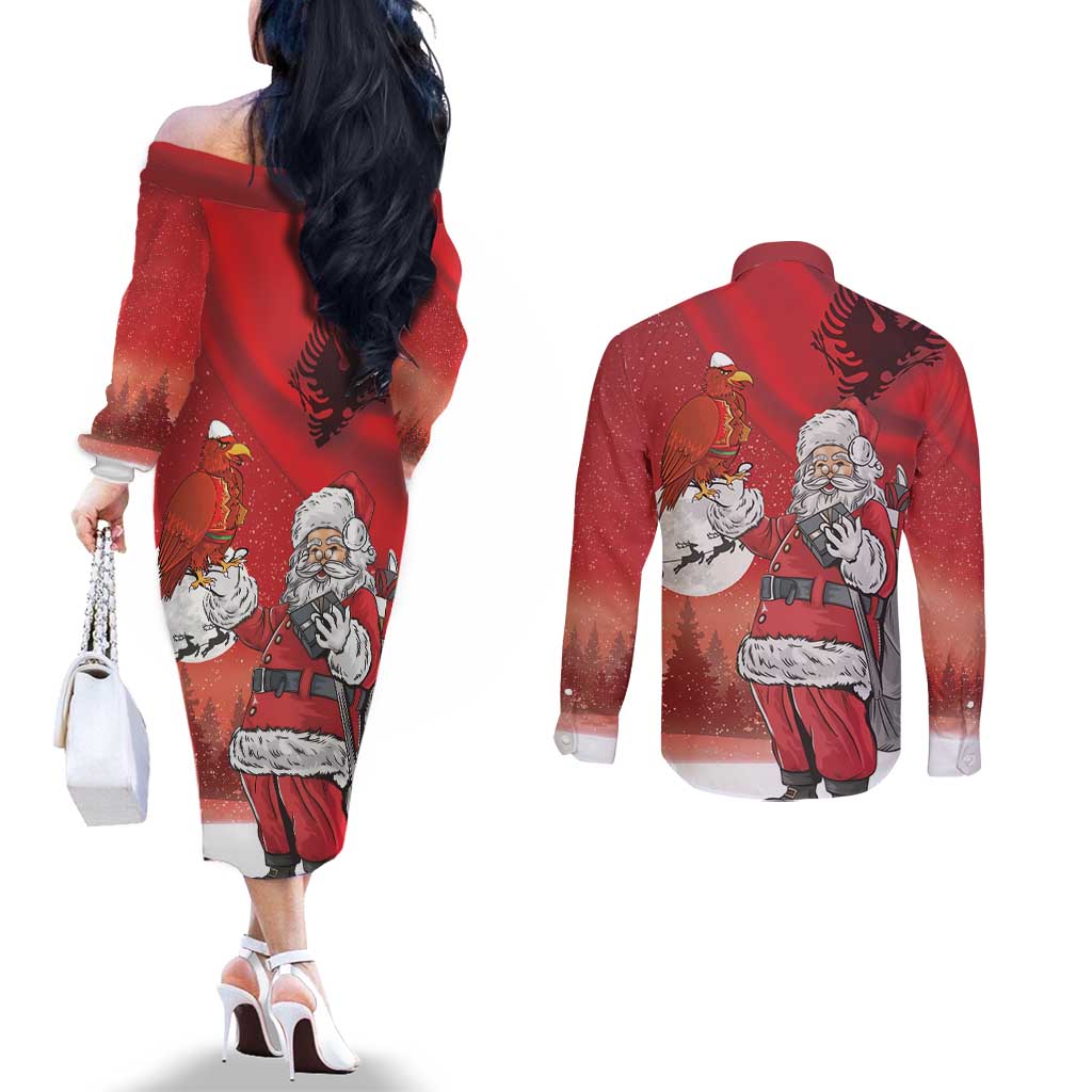 Albania Santa Christmas Couples Matching Off The Shoulder Long Sleeve Dress and Long Sleeve Button Shirt Christmas Albanian Eagle Flag Style - Wonder Print Shop
