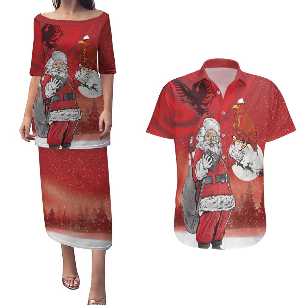 Albania Santa Christmas Couples Matching Puletasi and Hawaiian Shirt Christmas Albanian Eagle Flag Style - Wonder Print Shop