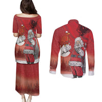 Albania Santa Christmas Couples Matching Puletasi and Long Sleeve Button Shirt Christmas Albanian Eagle Flag Style - Wonder Print Shop