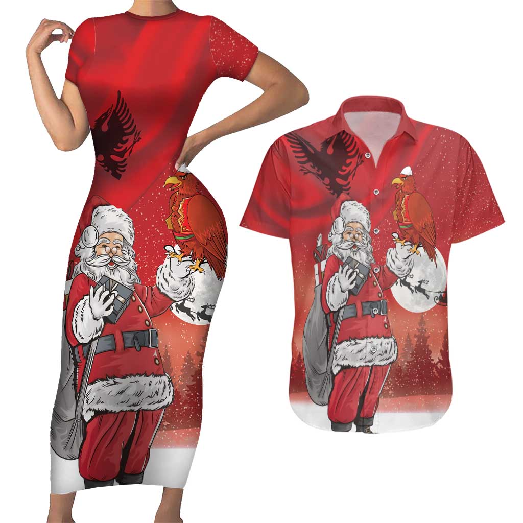 Albania Santa Christmas Couples Matching Short Sleeve Bodycon Dress and Hawaiian Shirt Christmas Albanian Eagle Flag Style - Wonder Print Shop