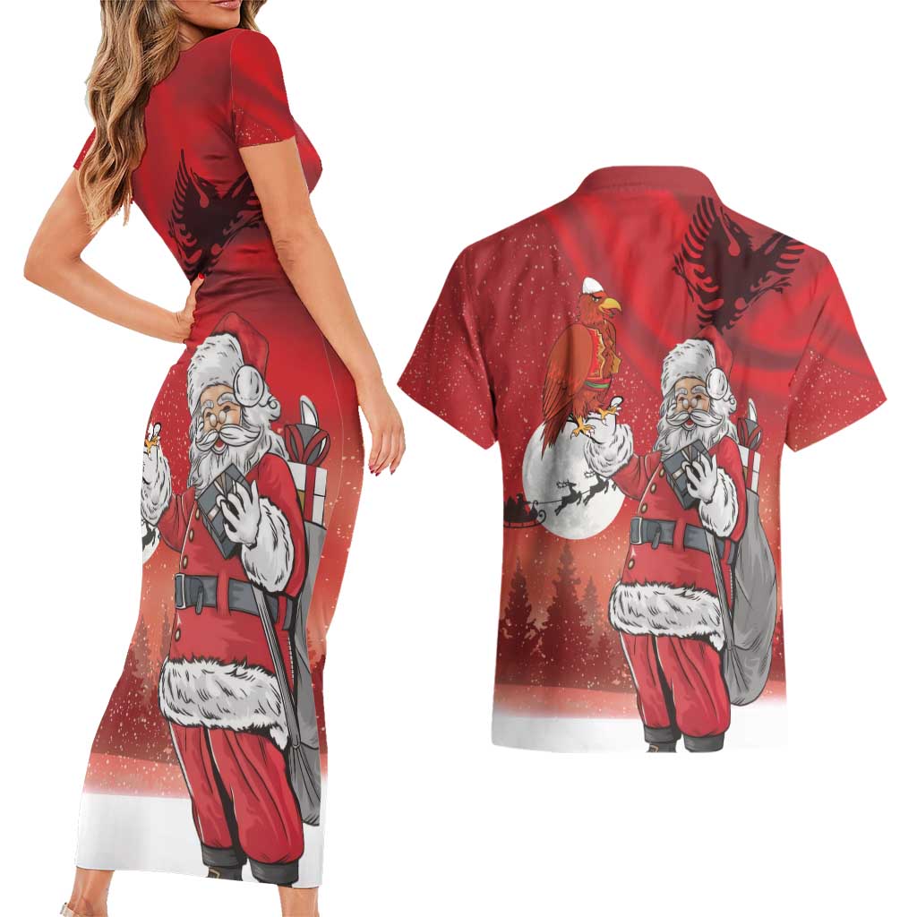 Albania Santa Christmas Couples Matching Short Sleeve Bodycon Dress and Hawaiian Shirt Christmas Albanian Eagle Flag Style - Wonder Print Shop