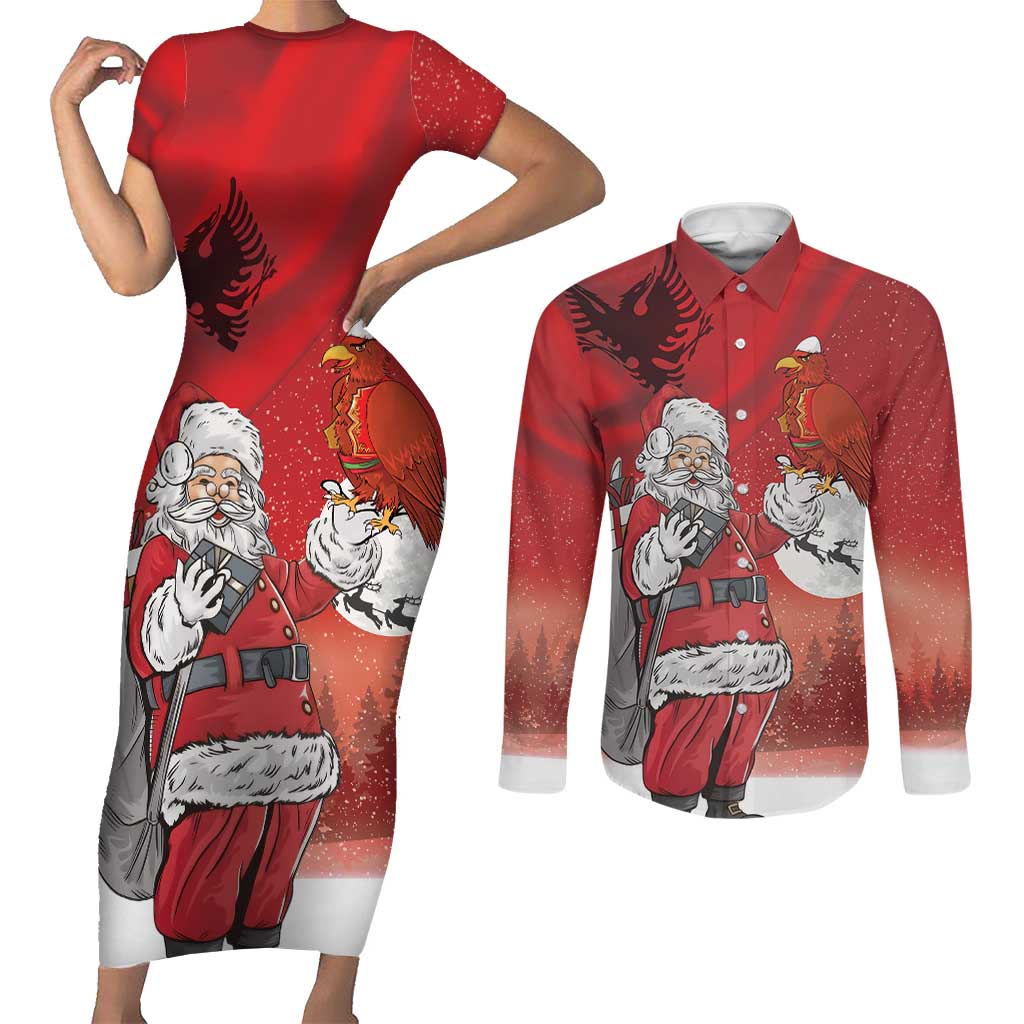 Albania Santa Christmas Couples Matching Short Sleeve Bodycon Dress and Long Sleeve Button Shirt Christmas Albanian Eagle Flag Style - Wonder Print Shop
