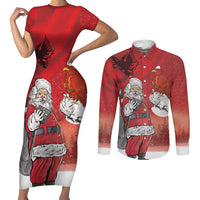 Albania Santa Christmas Couples Matching Short Sleeve Bodycon Dress and Long Sleeve Button Shirt Christmas Albanian Eagle Flag Style - Wonder Print Shop