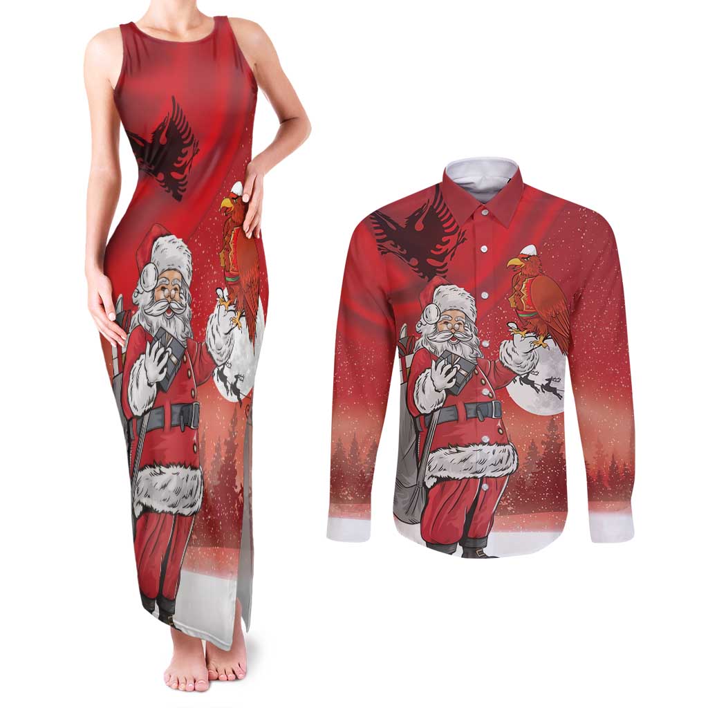 Albania Santa Christmas Couples Matching Tank Maxi Dress and Long Sleeve Button Shirt Christmas Albanian Eagle Flag Style - Wonder Print Shop