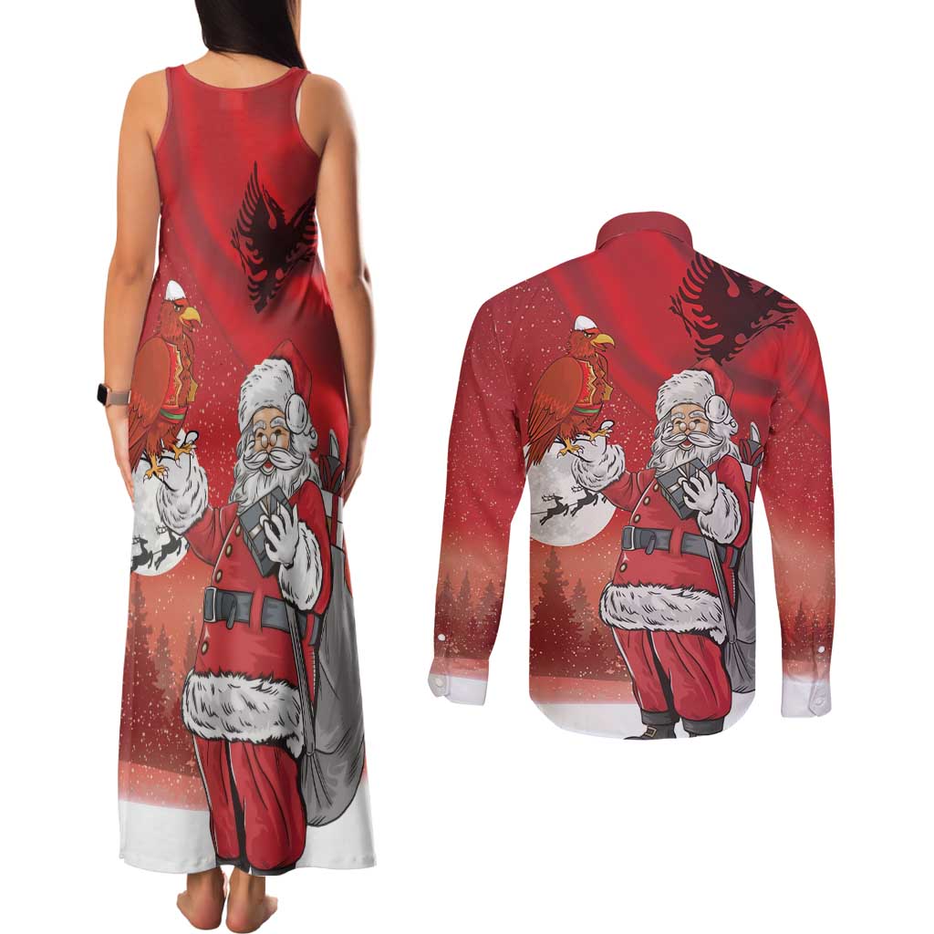 Albania Santa Christmas Couples Matching Tank Maxi Dress and Long Sleeve Button Shirt Christmas Albanian Eagle Flag Style - Wonder Print Shop