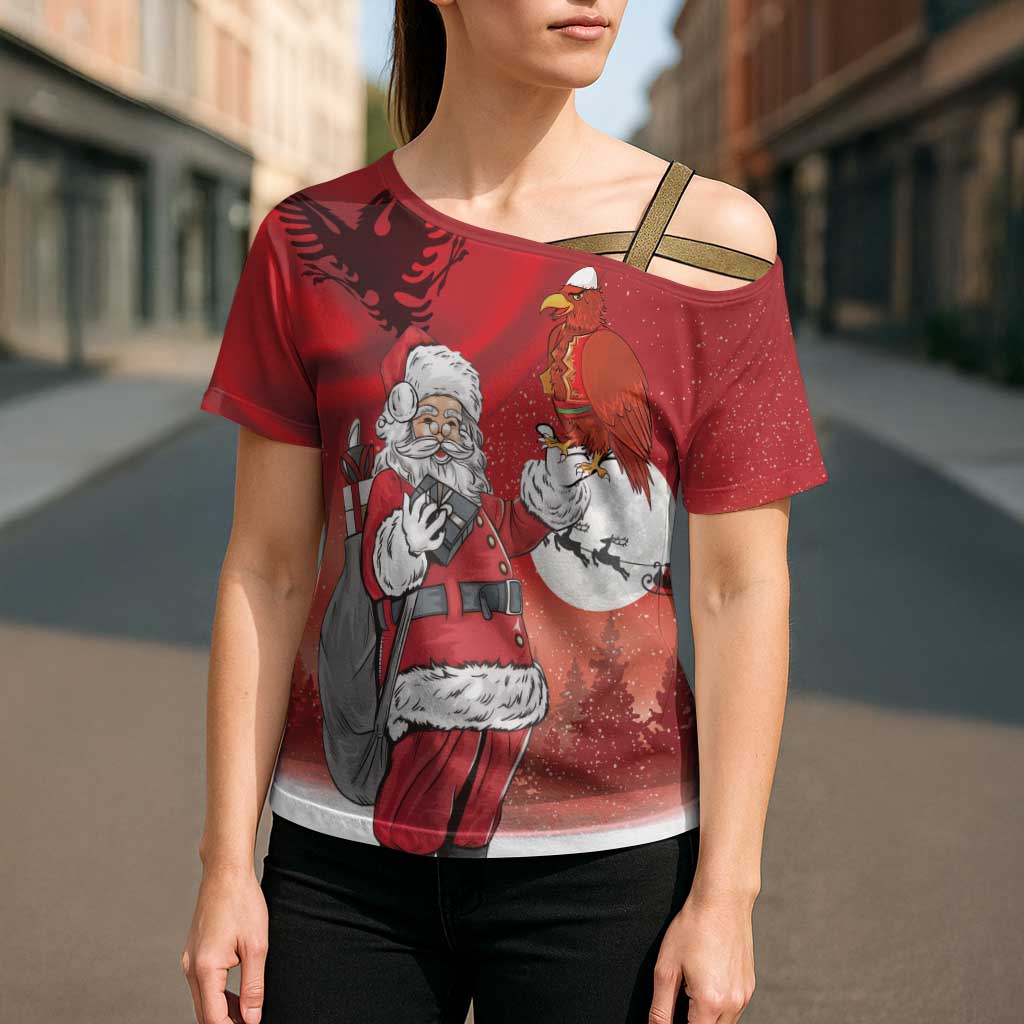 Albania Santa Christmas Cross Shoulder Shirt Christmas Albanian Eagle Flag Style - Wonder Print Shop