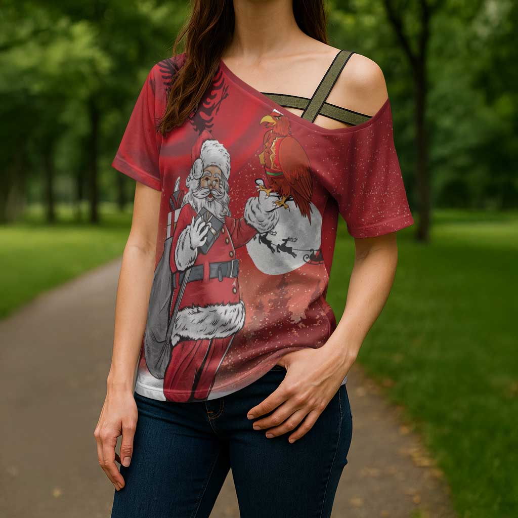 Albania Santa Christmas Cross Shoulder Shirt Christmas Albanian Eagle Flag Style - Wonder Print Shop