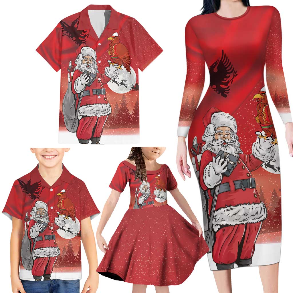 Albania Santa Christmas Family Matching Long Sleeve Bodycon Dress and Hawaiian Shirt Christmas Albanian Eagle Flag Style - Wonder Print Shop