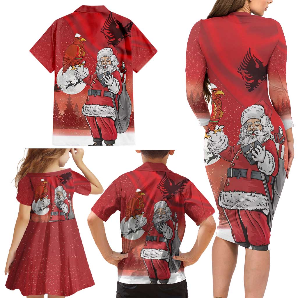 Albania Santa Christmas Family Matching Long Sleeve Bodycon Dress and Hawaiian Shirt Christmas Albanian Eagle Flag Style - Wonder Print Shop