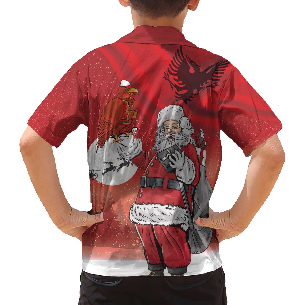Albania Santa Christmas Family Matching Off The Shoulder Long Sleeve Dress and Hawaiian Shirt Christmas Albanian Eagle Flag Style - Wonder Print Shop