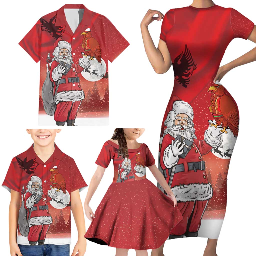 Albania Santa Christmas Family Matching Short Sleeve Bodycon Dress and Hawaiian Shirt Christmas Albanian Eagle Flag Style - Wonder Print Shop