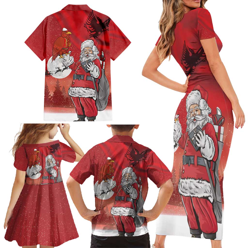 Albania Santa Christmas Family Matching Short Sleeve Bodycon Dress and Hawaiian Shirt Christmas Albanian Eagle Flag Style - Wonder Print Shop