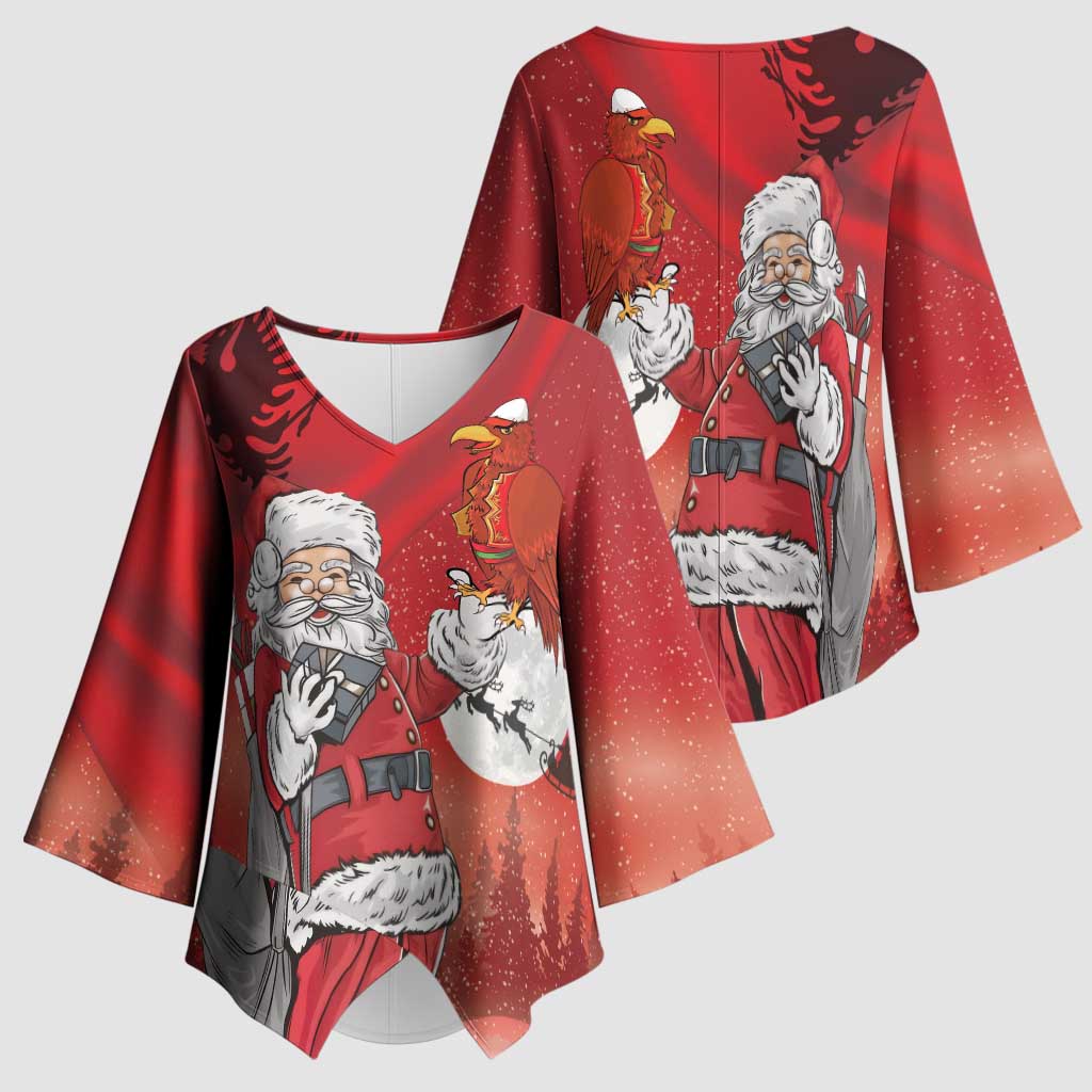 Albania Santa Christmas Kimono Sleeve Blouse Christmas Albanian Eagle Flag Style - Wonder Print Shop