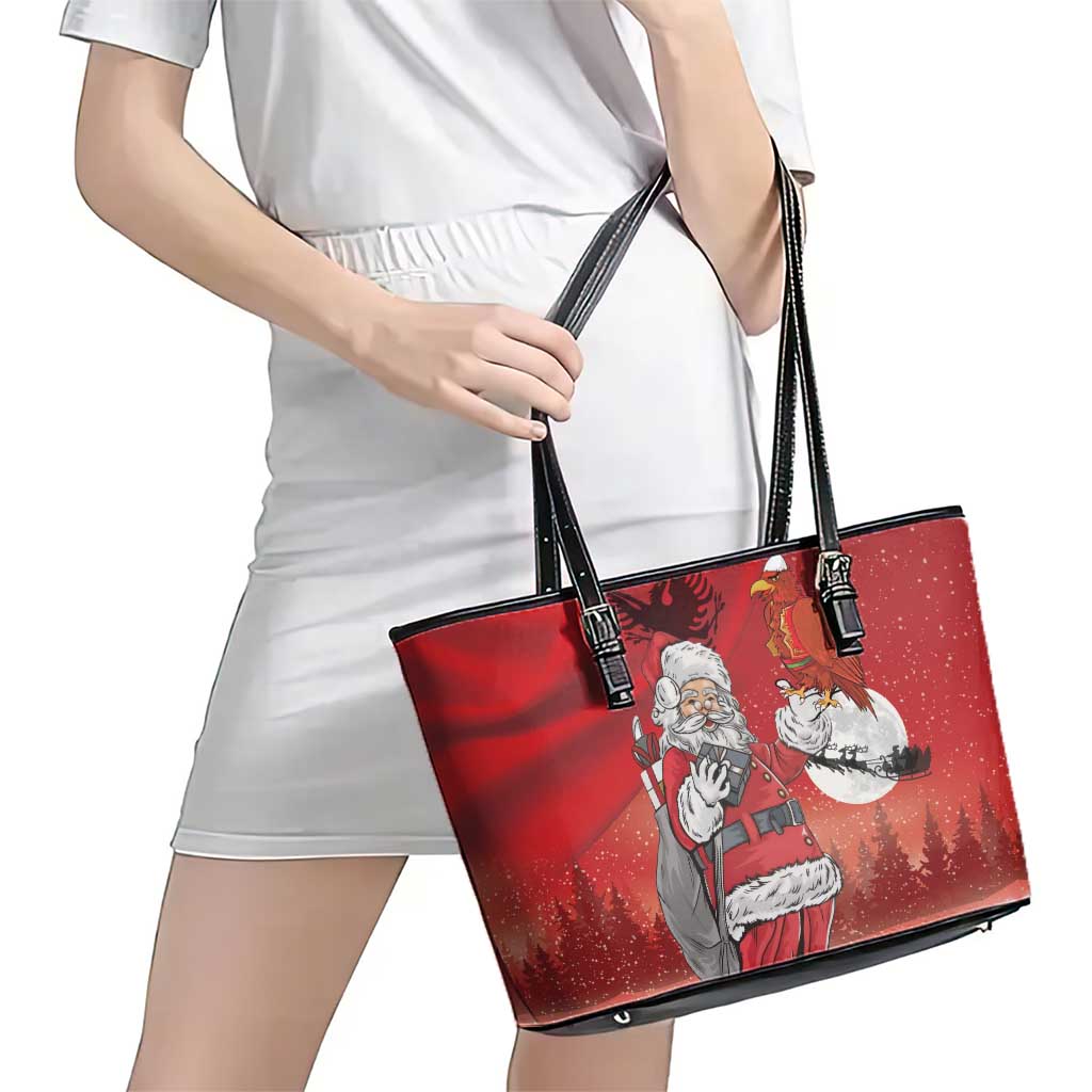 Albania Santa Christmas Leather Tote Bag Christmas Albanian Eagle Flag Style - Wonder Print Shop
