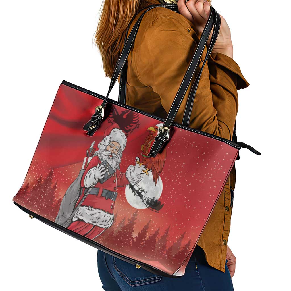 Albania Santa Christmas Leather Tote Bag Christmas Albanian Eagle Flag Style - Wonder Print Shop