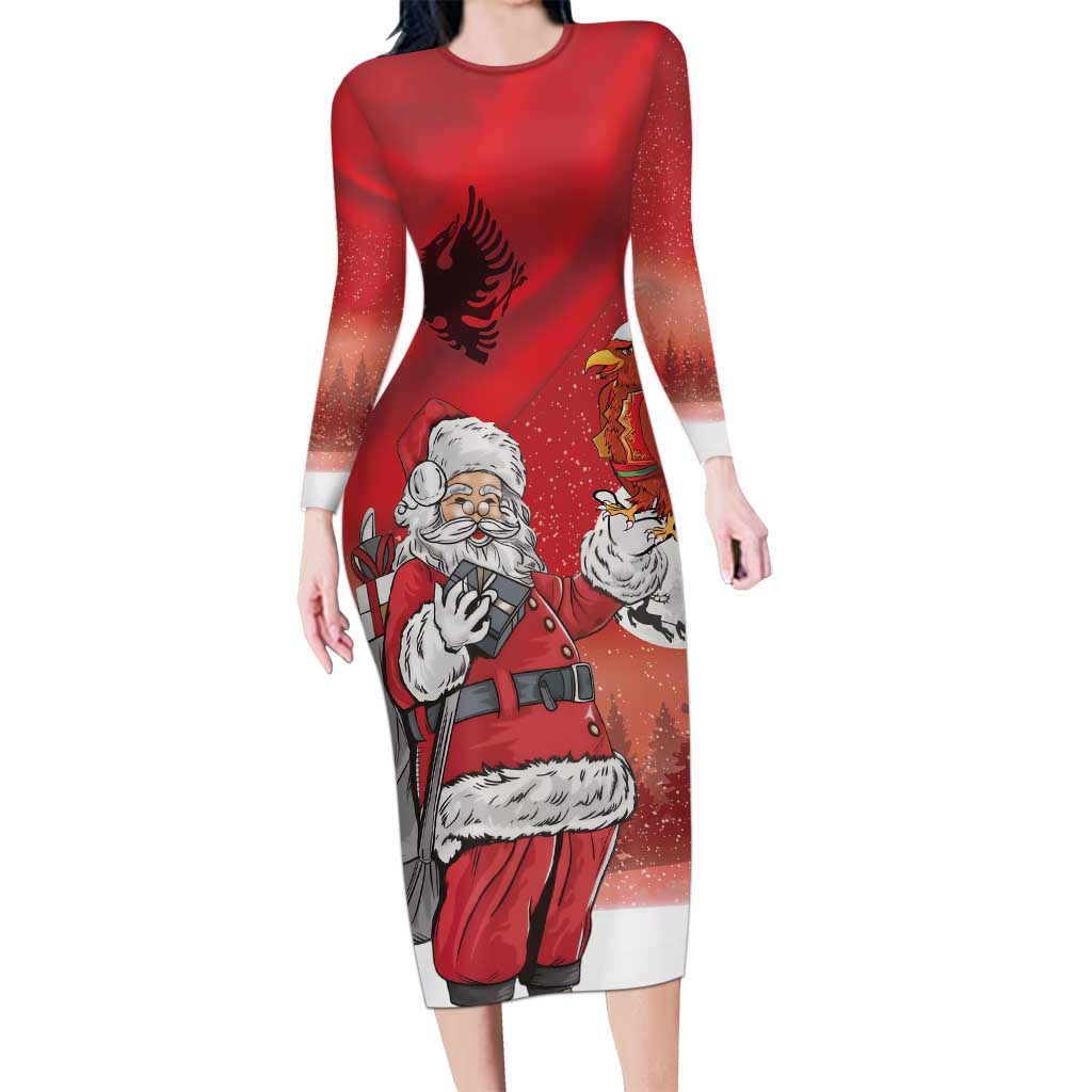 Albania Santa Christmas Long Sleeve Bodycon Dress Christmas Albanian Eagle Flag Style - Wonder Print Shop