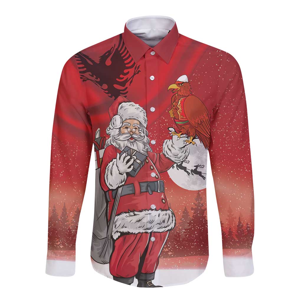 Albania Santa Christmas Long Sleeve Button Shirt Christmas Albanian Eagle Flag Style - Wonder Print Shop