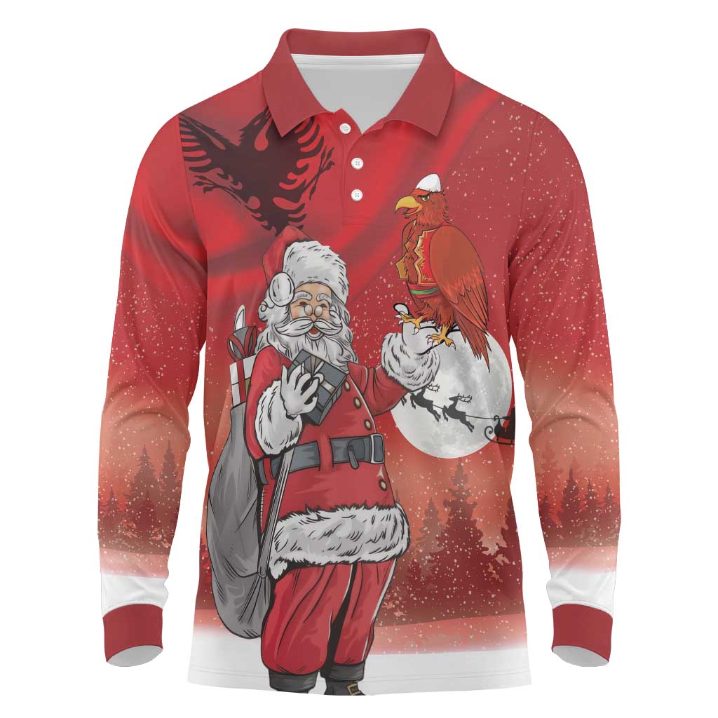 Albania Santa Christmas Long Sleeve Polo Shirt Christmas Albanian Eagle Flag Style - Wonder Print Shop