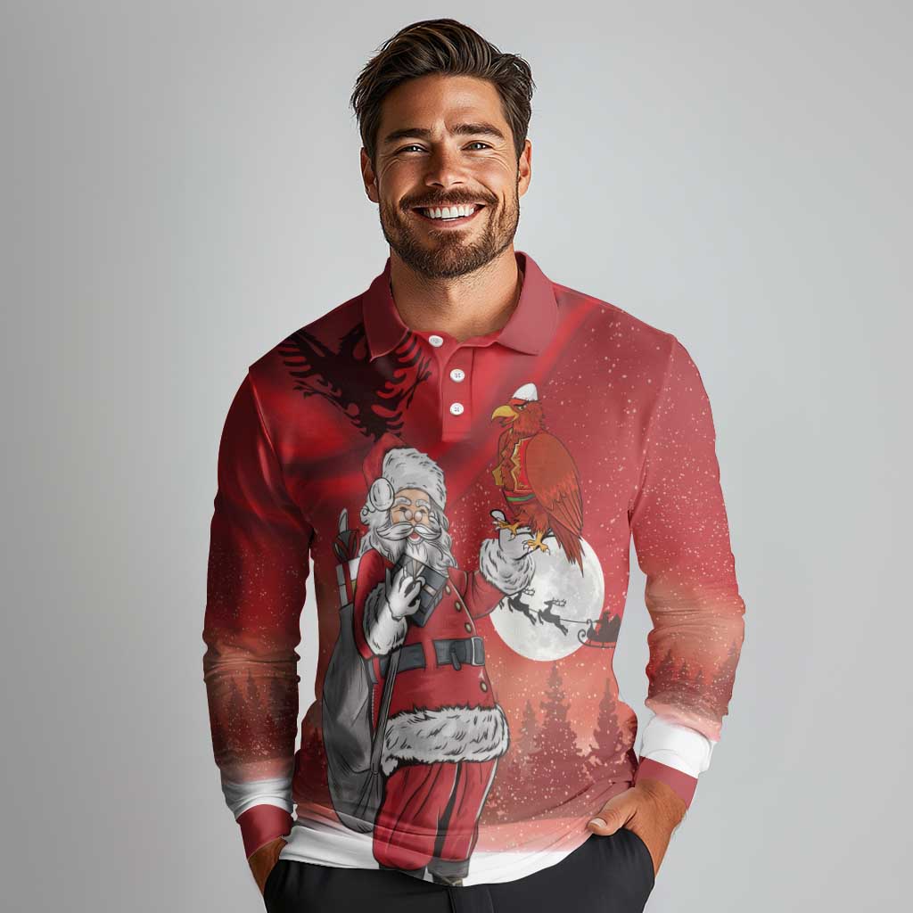 Albania Santa Christmas Long Sleeve Polo Shirt Christmas Albanian Eagle Flag Style - Wonder Print Shop