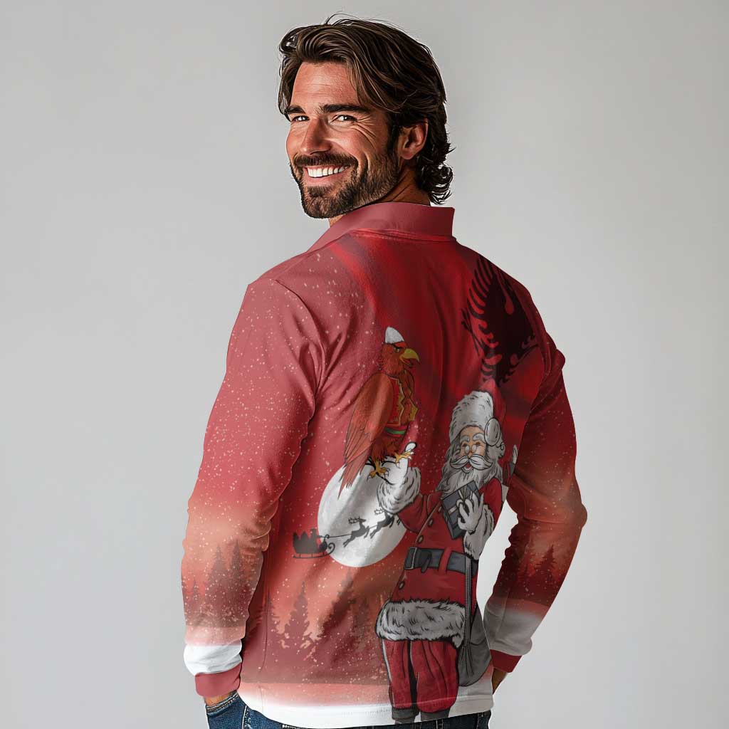 Albania Santa Christmas Long Sleeve Polo Shirt Christmas Albanian Eagle Flag Style - Wonder Print Shop