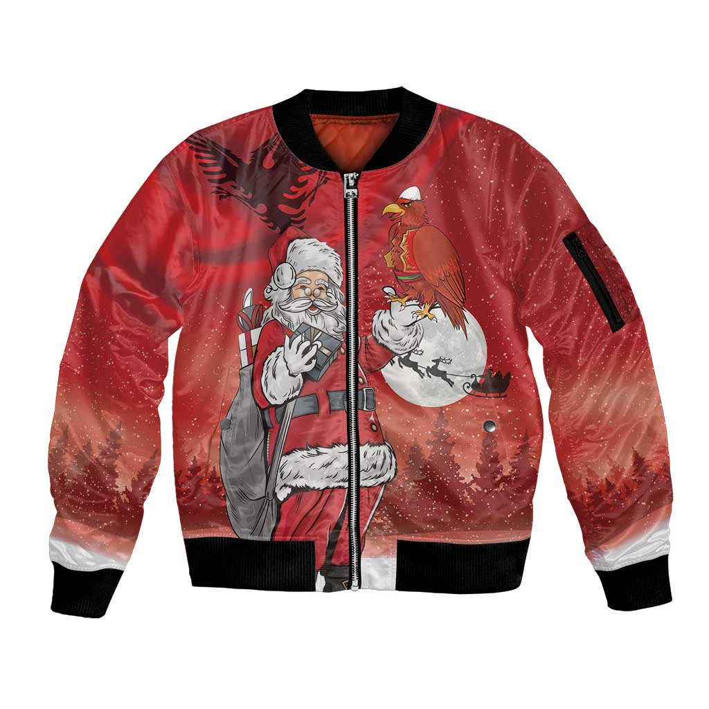 Albania Santa Christmas Sleeve Zip Bomber Jacket Christmas Albanian Eagle Flag Style - Wonder Print Shop
