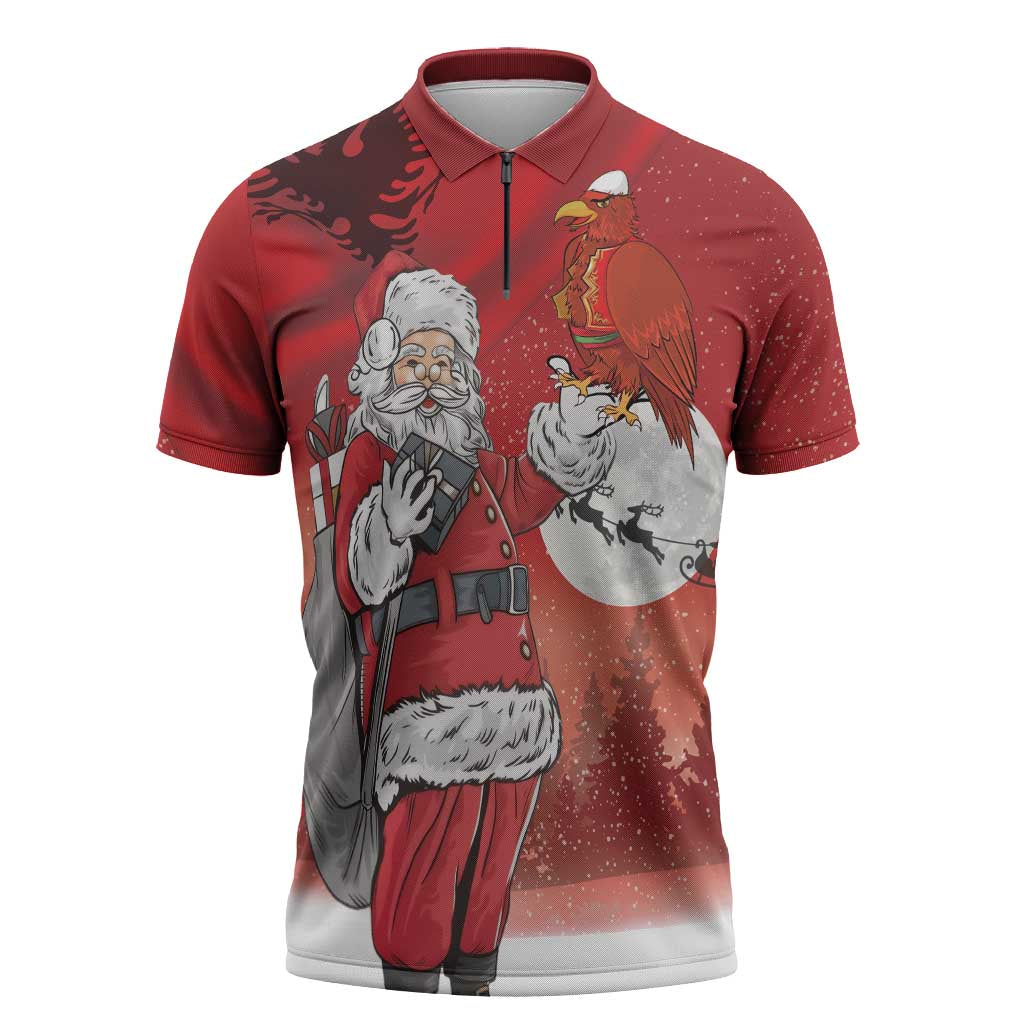 Albania Santa Christmas Zipper Polo Shirt Christmas Albanian Eagle Flag Style - Wonder Print Shop