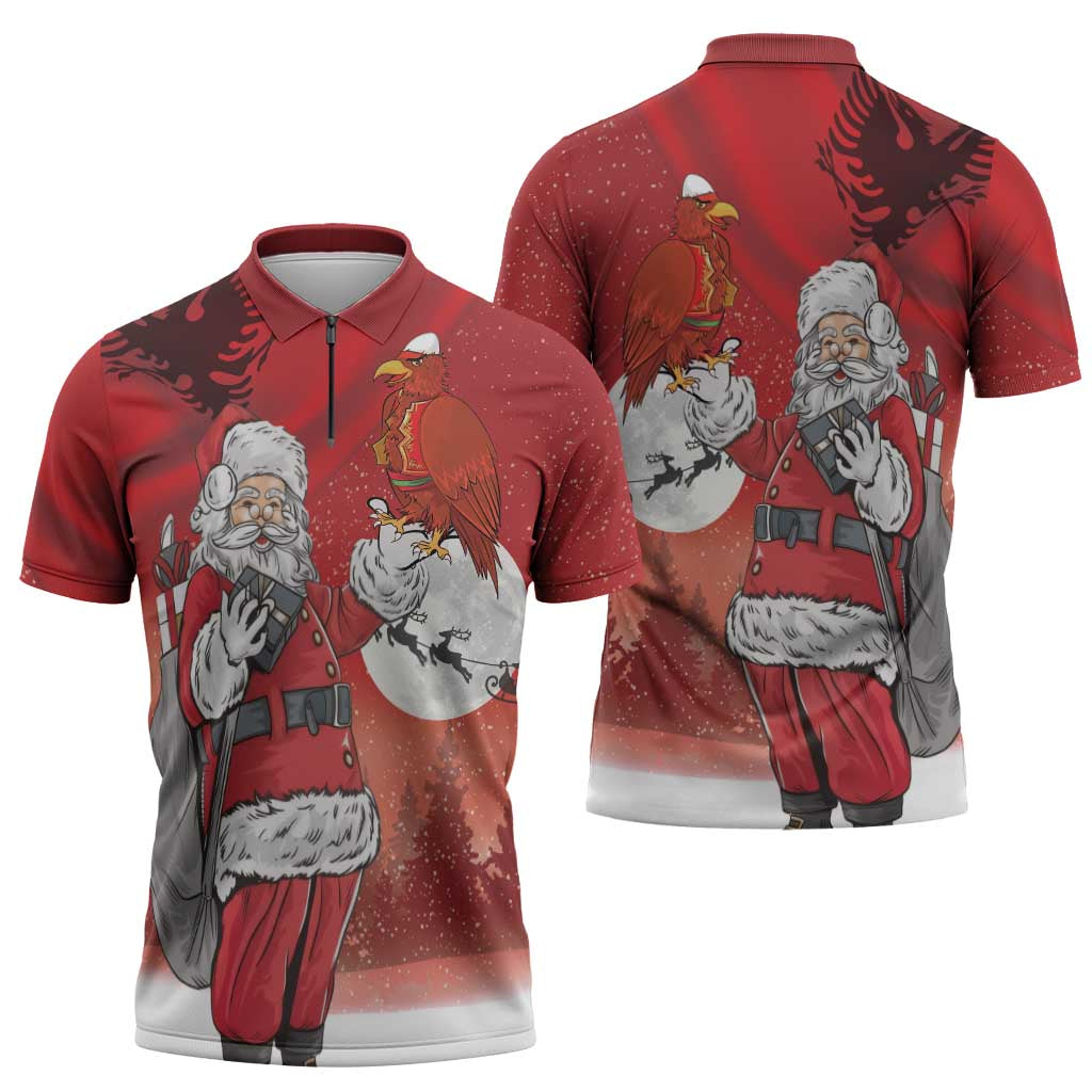 Albania Santa Christmas Zipper Polo Shirt Christmas Albanian Eagle Flag Style - Wonder Print Shop