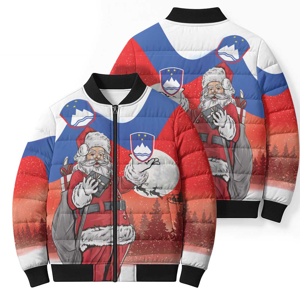 Slovenia Santa Christmas Bomber Puffer Jacket Slovenija Vesel Bozic Flag Style - Wonder Print Shop