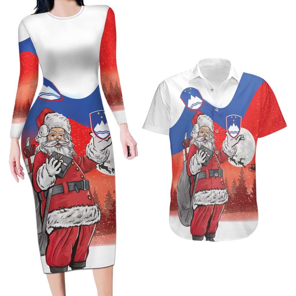 Slovenia Santa Christmas Couples Matching Long Sleeve Bodycon Dress and Hawaiian Shirt Slovenija Vesel Bozic Flag Style - Wonder Print Shop