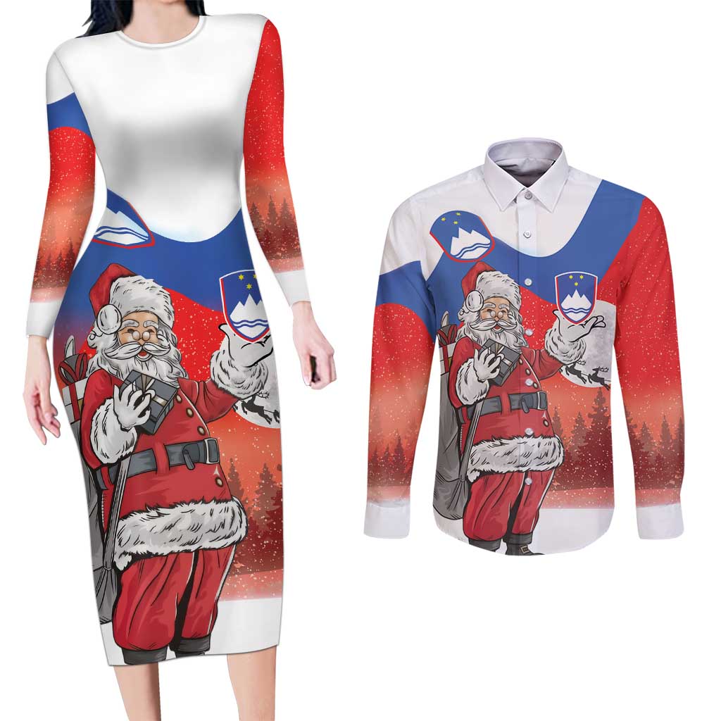 Slovenia Santa Christmas Couples Matching Long Sleeve Bodycon Dress and Long Sleeve Button Shirt Slovenija Vesel Bozic Flag Style - Wonder Print Shop