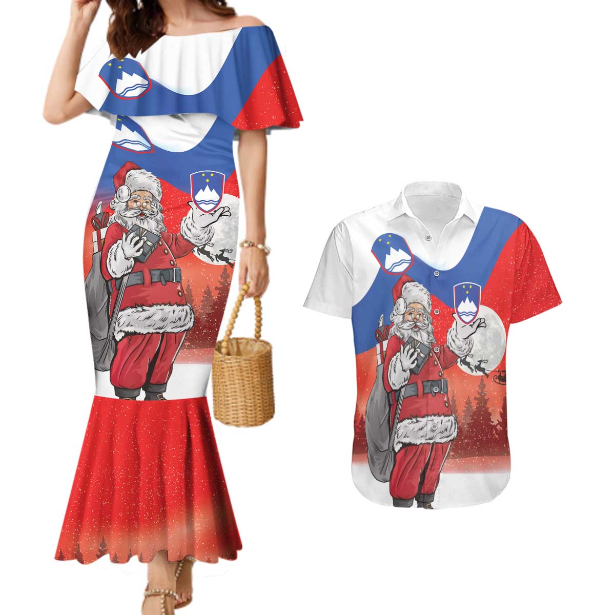 Slovenia Santa Christmas Couples Matching Mermaid Dress and Hawaiian Shirt Slovenija Vesel Bozic Flag Style - Wonder Print Shop